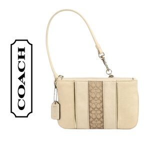 Coach Hampton Stripe Wristlet F41196 Dune Canvas Leather NWT